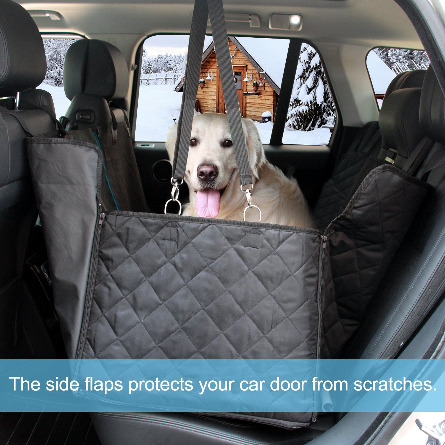 a woman sitting in a car with a dog 