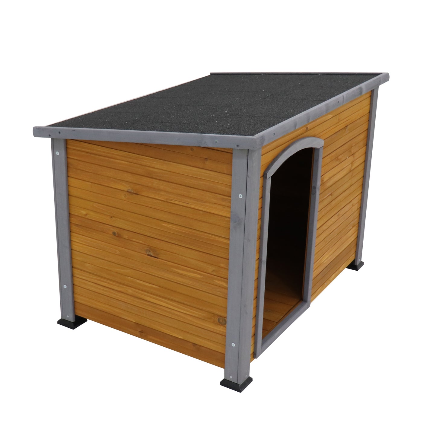 Indoor/outdoor wooden dog kennel.