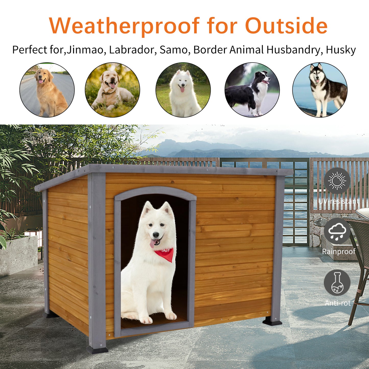 Indoor/outdoor wooden dog kennel.