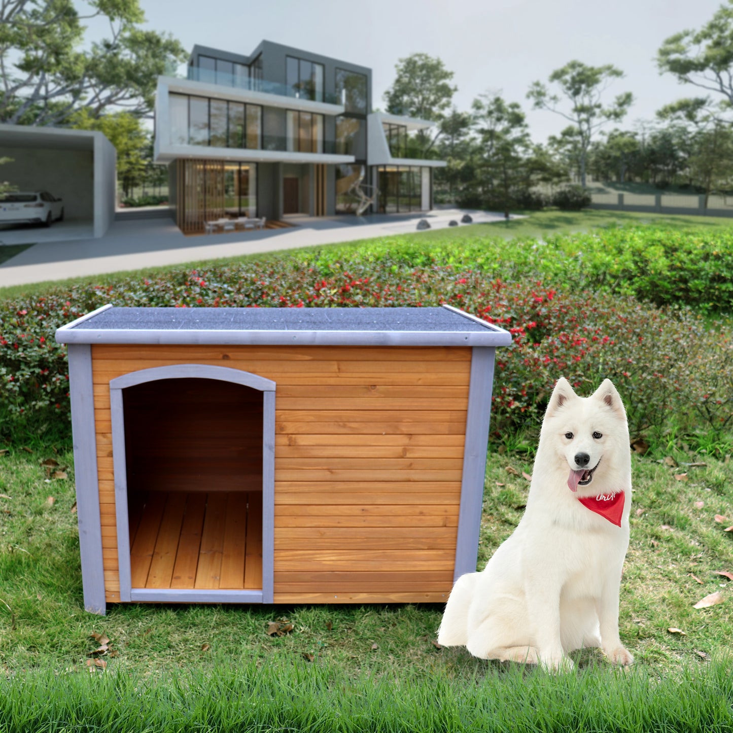 Indoor/outdoor wooden dog kennel.