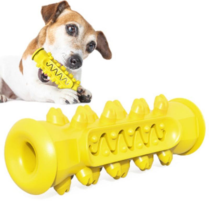 a dog with a yellow frisbee in its mouth 